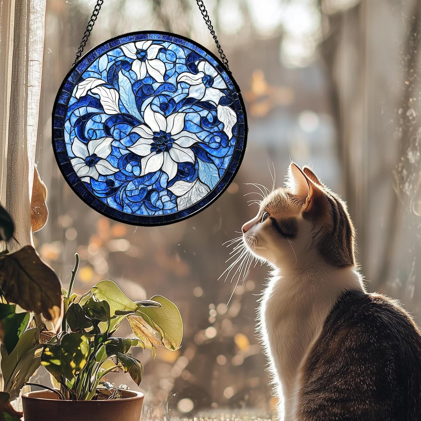 Stained Glass Window Hanging - Blue White Flowers Suncatcher for Doors Garden Patio Boho Style Sun Catchers Decor Christmas Mother's Day Birthday Gifts for Women Men Mom Nana Friend 11.8 in