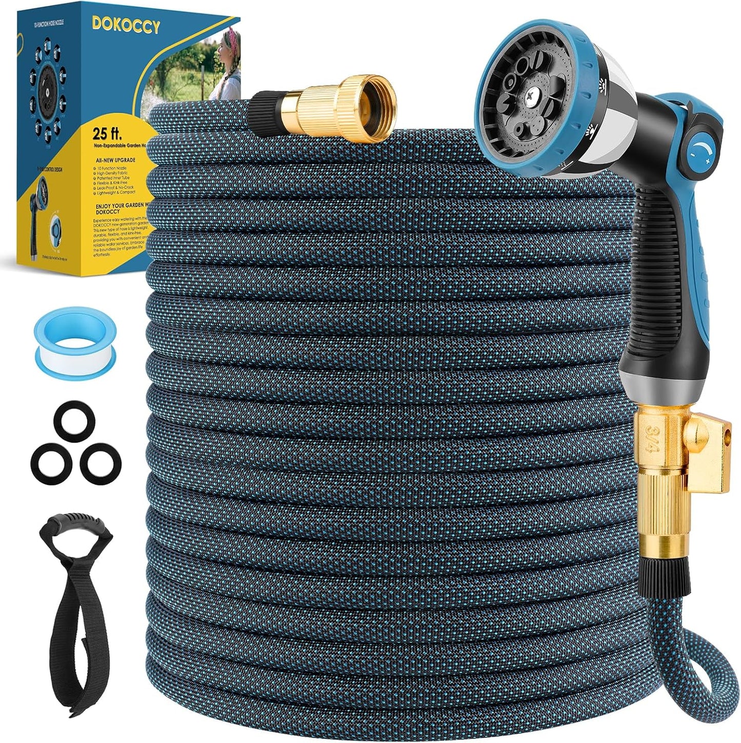 Non-Expanding Garden Hose 25 ft, Flexible Water Hose with 10 Function Spray Nozzle, Lightweight Hose Pipe, Leak-Proof, Durable, Kink-Resistant, 3/4 Inch Connector, Portable Storage Strap