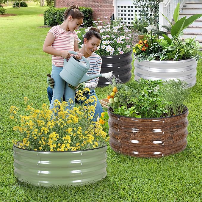 Galvanized Raised Garden Bed- 2Pcs 3x3x1FT Metal Planter Boxes Outdoor | Round Steel Raised Bed Kit & Fire Pit Ring for Gardening with Protective Tape, Gloves for Vegetables, Flower (Grey)