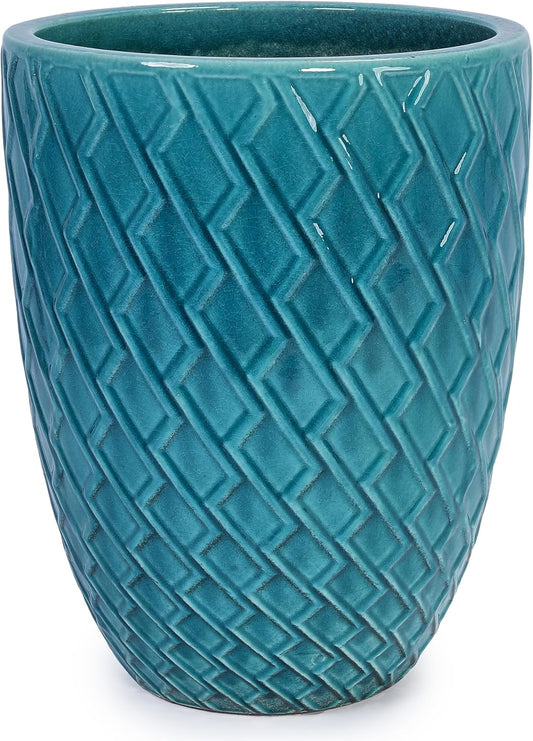 Large Ceramic Planter Pot 21 Inch, Tall Plante Pots Decorative Flower Pot with Diamond Textured Pattern and Drainage for Indoor Outdoor Plants (Teal Blue)