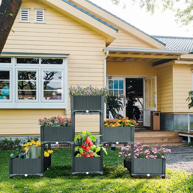 MAYOLIAH Garden Raised Bed Kit, 6 Elevated Planter Boxes with Drainage Holes, Taller Plastic Garden Bed for Vegetables Herbs Flowers Fruits Planting in Front Porch Yard Patio Balcony, Grey