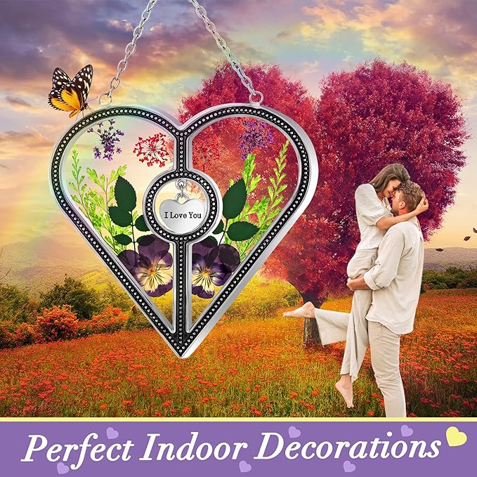 KY&BOSAM Heart Suncatcher I Love You Glass Panels for Window Hangings Wind Chime with Pressed Flower Heart Embedded in Glass Mom Gifts Birthday Gifts for Women Mother`s Day Valentine`s Christmas Decor