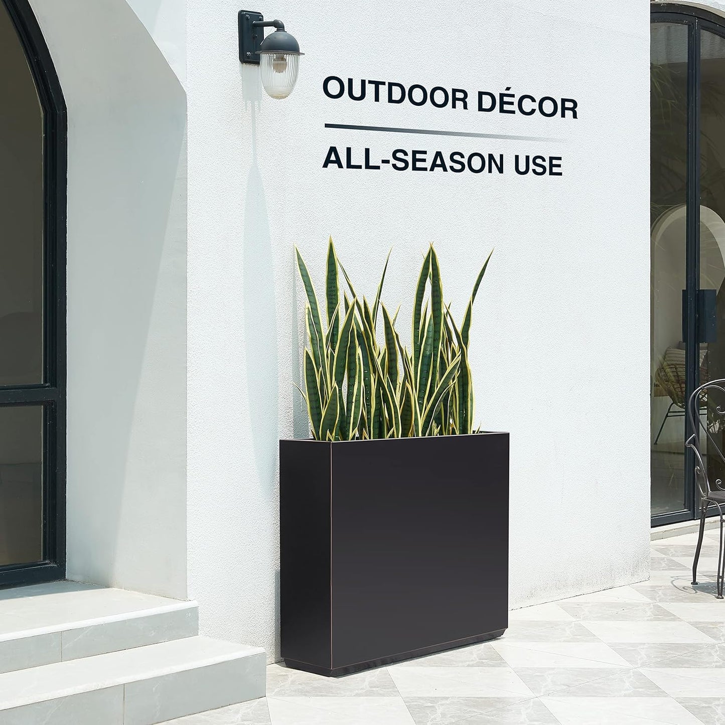 Metallic Heavy Outdoor Planter Box, Span Planter, Pure Black with Hand Brushed Gold Rim, Long and Tall Divider Planter, No Assembly and Seamless, 38”Lx10”Wx30”H 48.8 Pounds