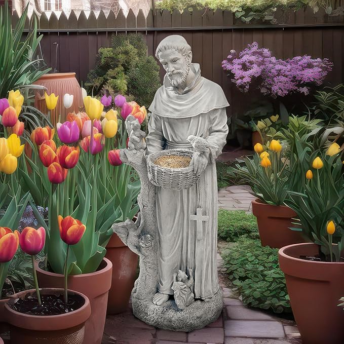 Design Toscano Nature's Nurturer Francis Assisi Religious Garden Decor Statue Bird Bath Feeder, Large, 37 inch, Cast Stone Resin, Antique Stone Finish