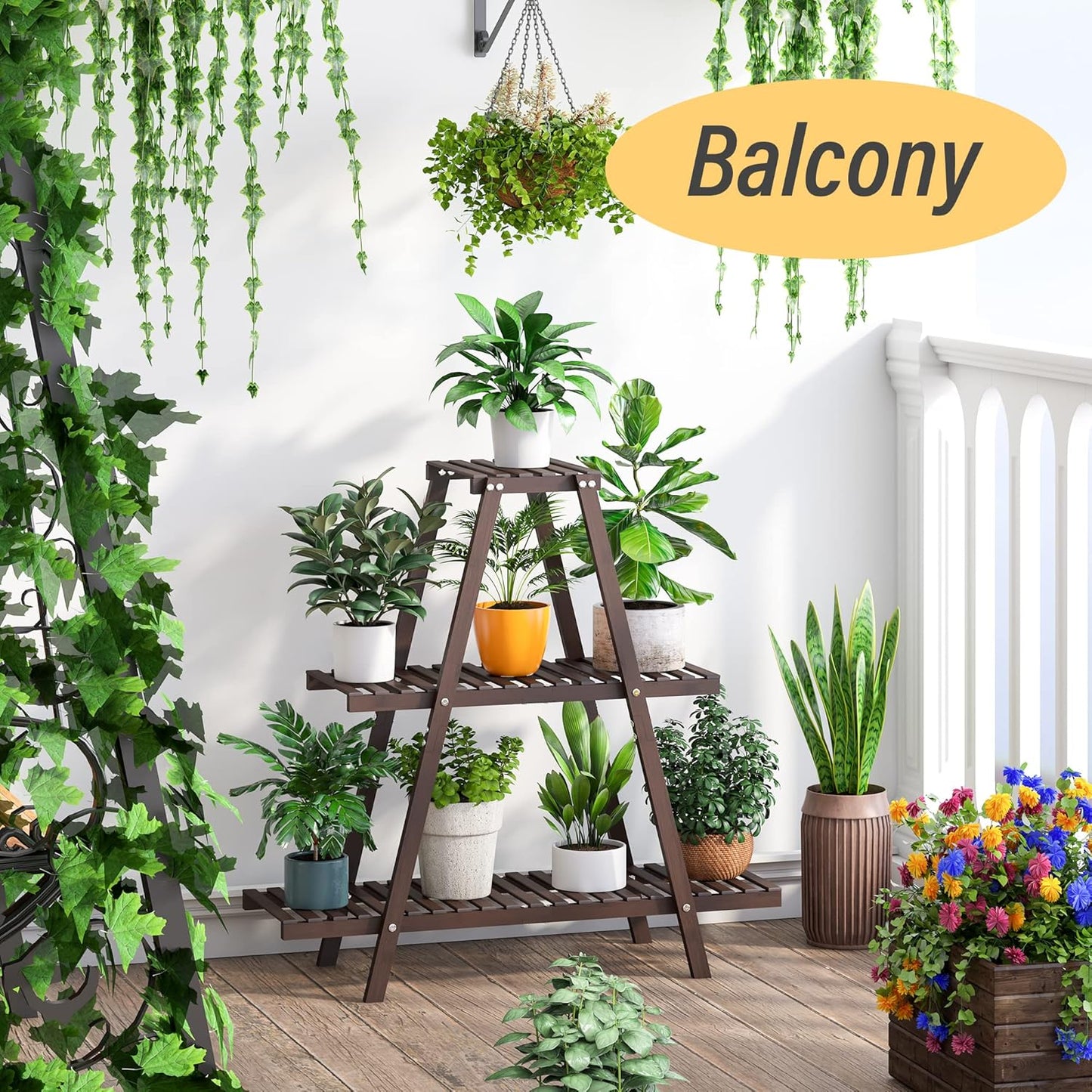 Plant Stand Indoor, Outdoor bamboo Plant Rack for Multiple Plants, 3 Tier 8 Potted Flower Holder Ladder,Plant Shelf Ladder Table Plant Pot Stand for Living Room, Patio, Balcony (Brown)