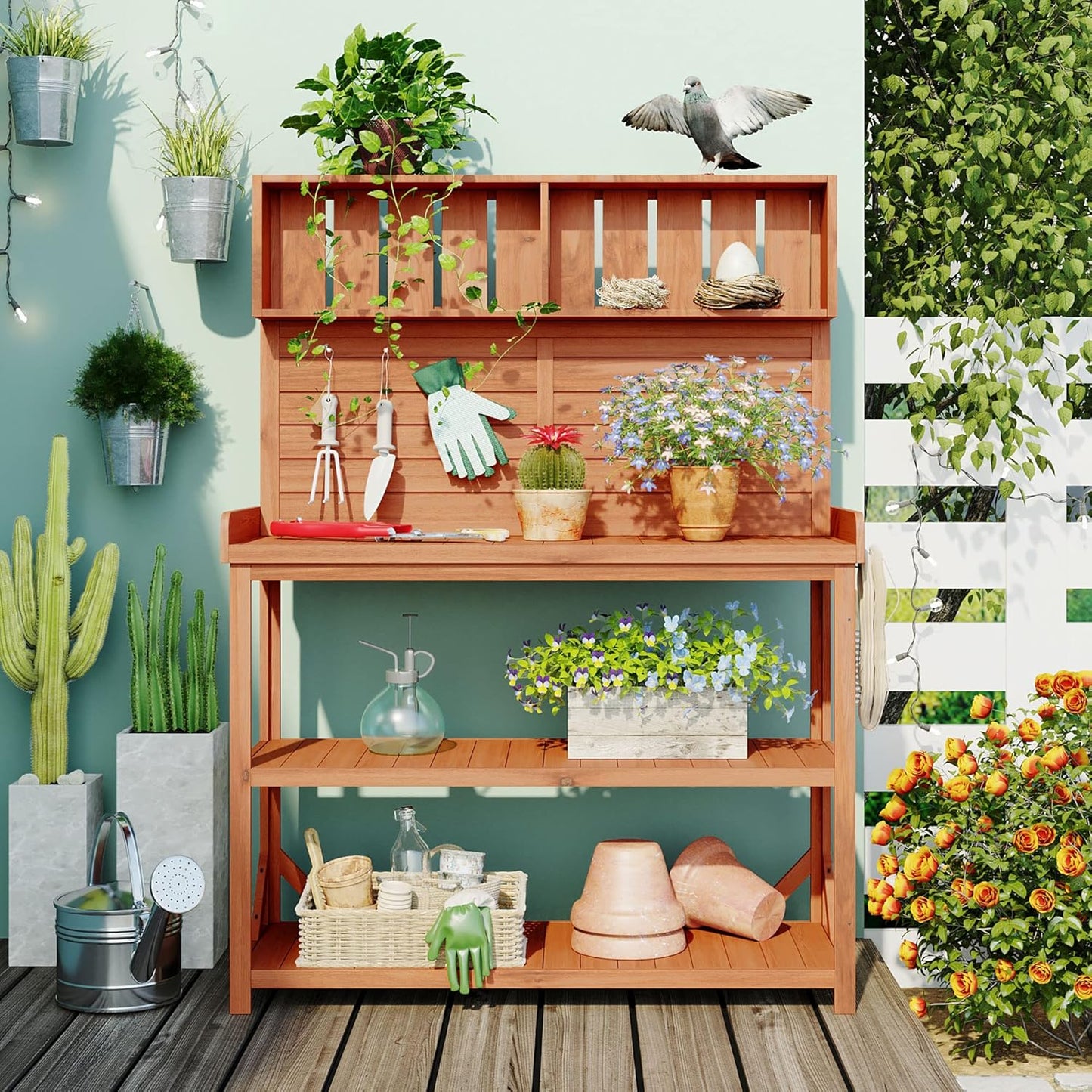 65" Wooden Potting Bench with 4 Shelves & Side Hook - Farmhouse Style Outdoor Garden Workstation (Natural + Solid Wood + Timber)