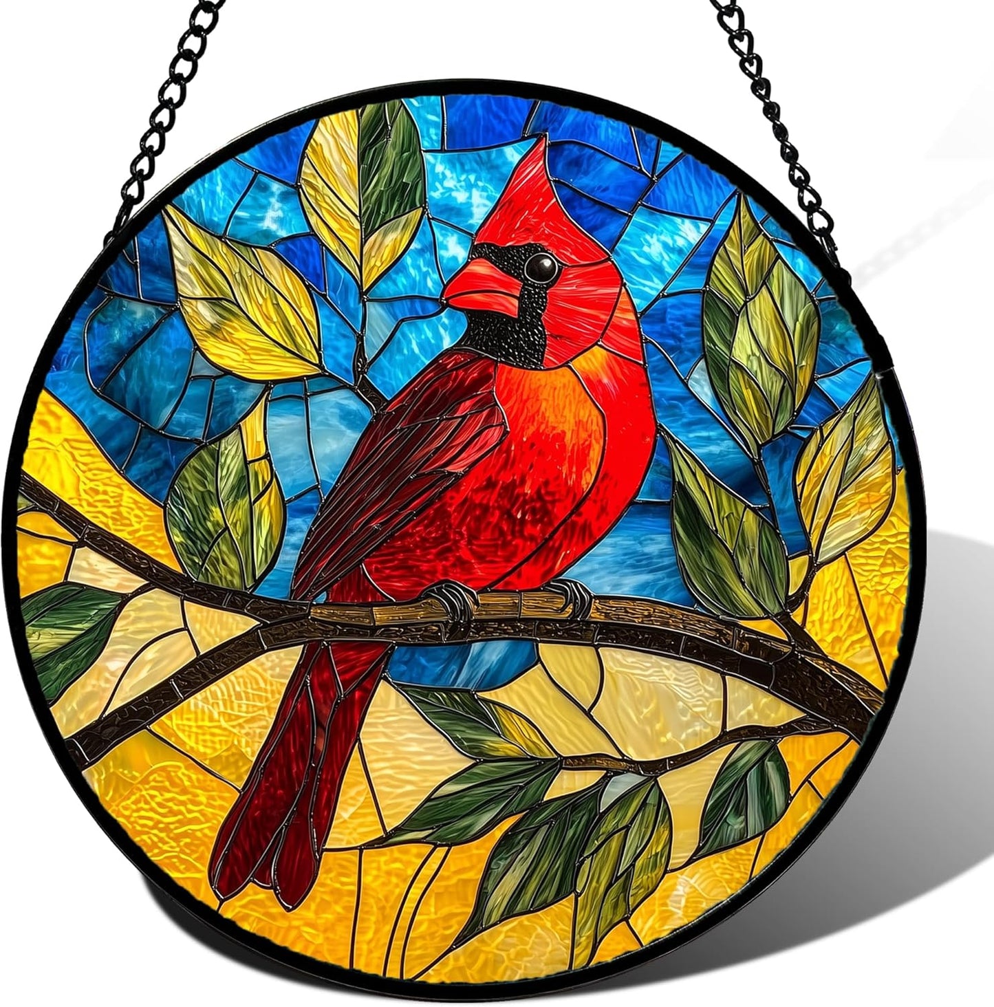 Stained Glass Window Hanging, Blue Sky Cardinal Sun Catchers Colorful Glass Panel Red Birds Suncatcher Decor for Birthday for Women, Men, Wife, Aunt, and Mom 14.9x14.9 in