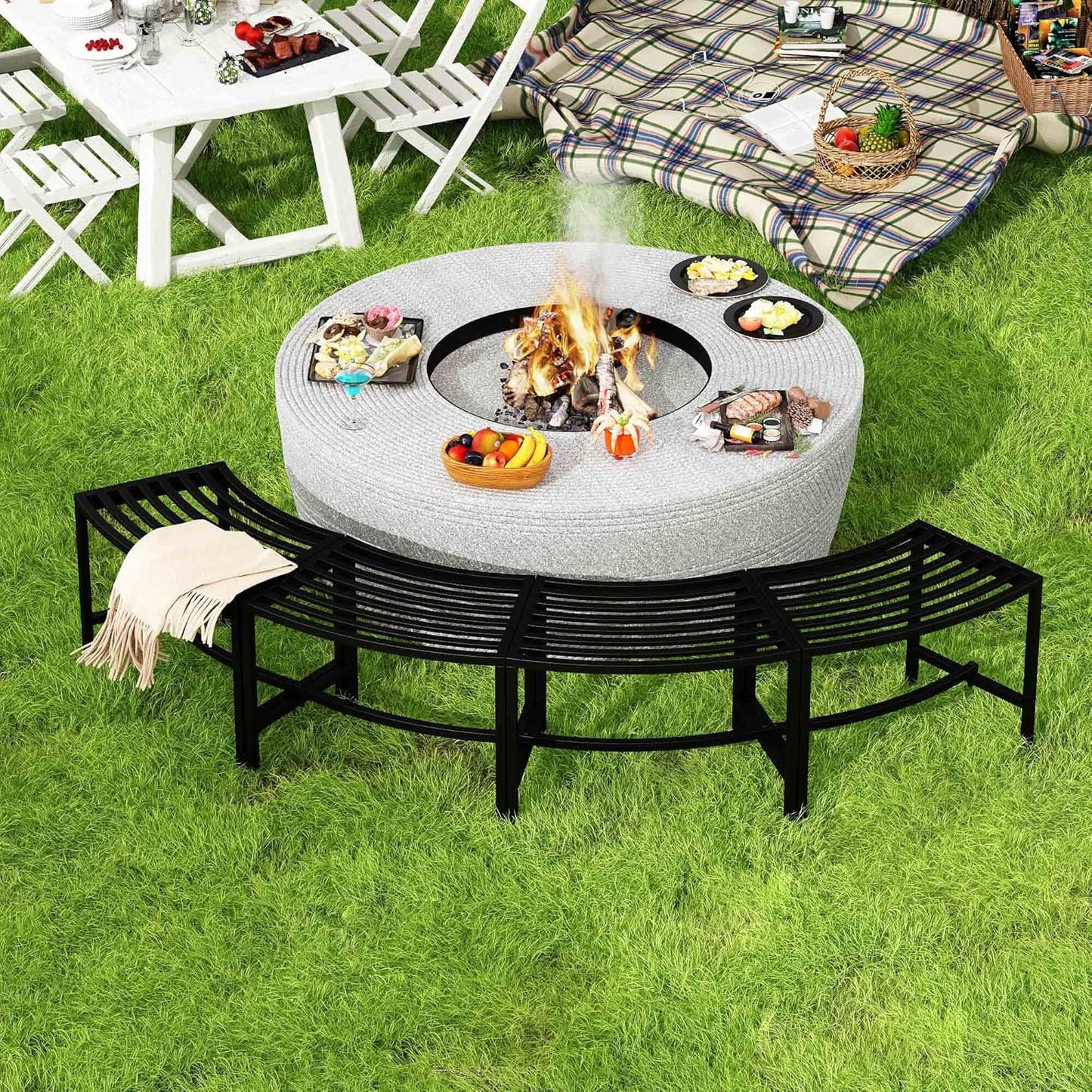 Metal Curved Fire Pit Bench Set of 4, Outdoor Fire Pit Seating, Steel Backless Outside Bench for Garden, Patio, Porch, Backyard, Plant Stand, Heavy Duty Plant Holder, Style 1, Black
