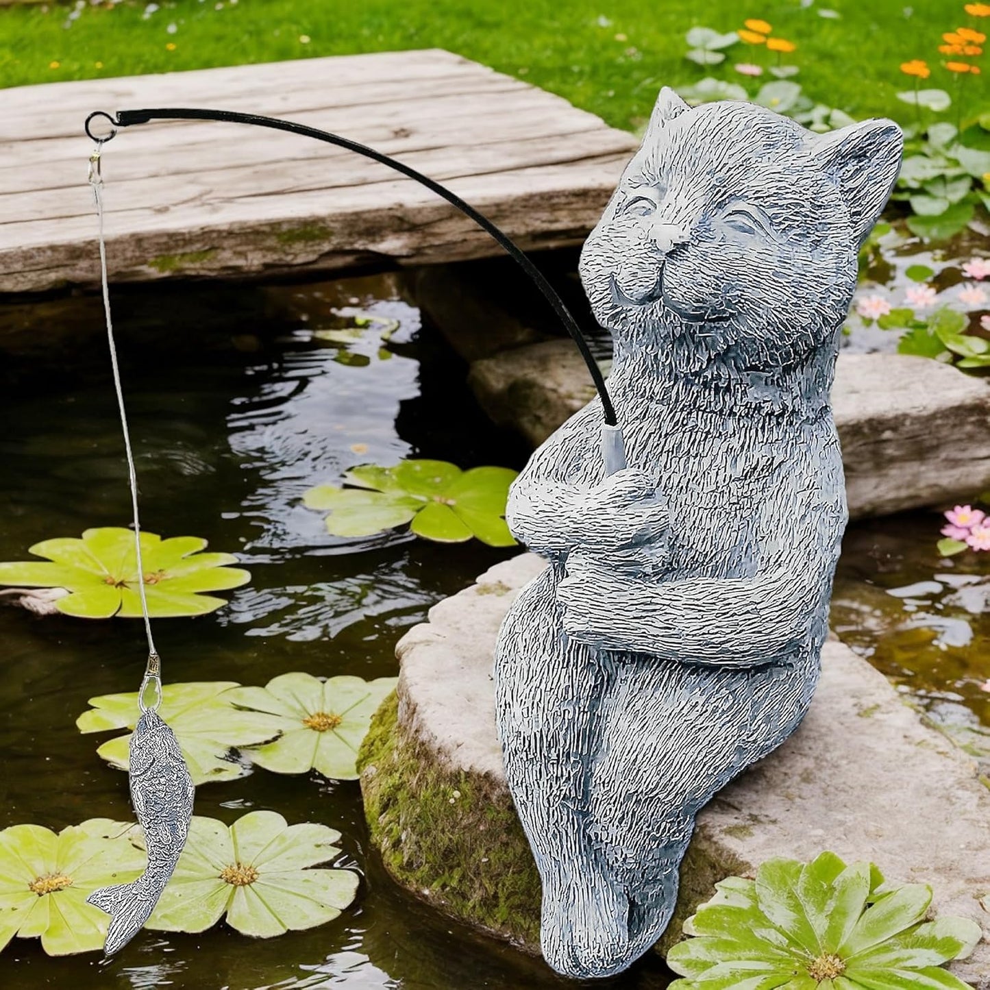 9.5" Cat Fishing Stone Look Sculpture, Whimsical Lawn Yard Art, Funny Garden Pond Fisherman Statue, Resin Animal Decorative Figurine, Cute Outdoor Ornament, for Cat Fishing Lovers