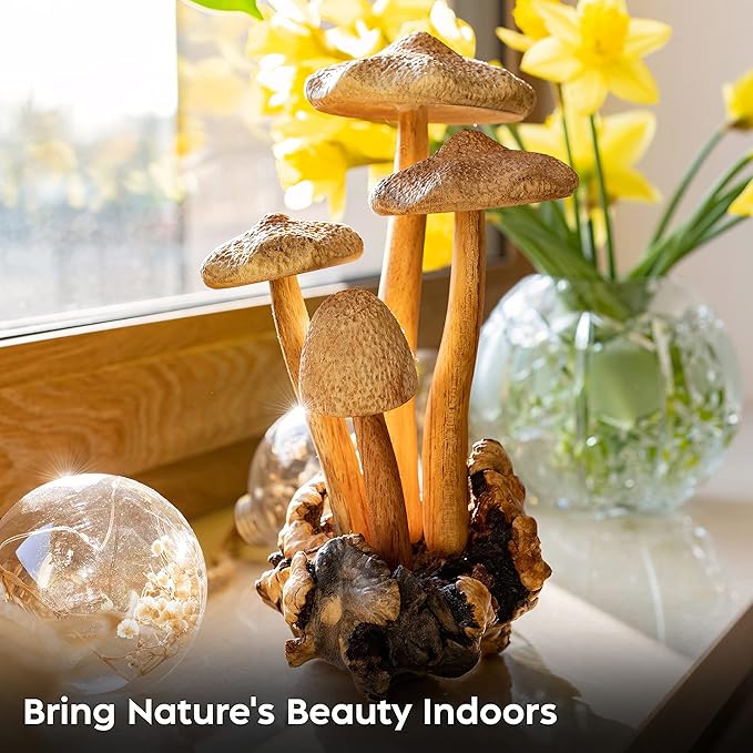 Curawood Wooden Mushrooms Sculpture for an Ornate Touch - Handcrafted 9" Mushroom Statue with Intricate Details - Authentic Garden Mushrooms Decorative Centerpiece - Artisan Cottagecore Mushroom Decor