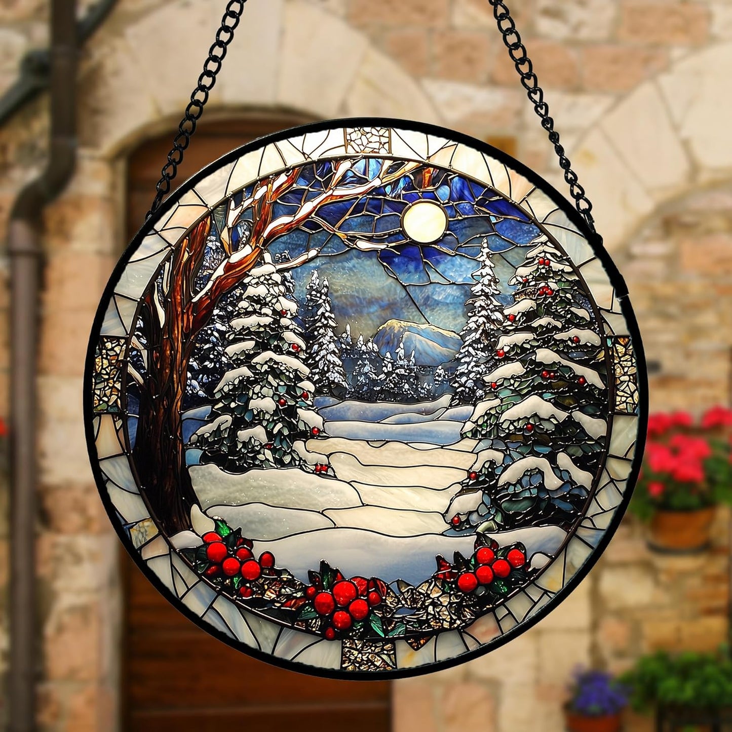 Stained Glass Window Hanging Christmas Tree Winter Snow Night Scenery Large 11.8" - Suncatcher Door Garden Kitchen Sun Catcher Home Decor Birthday for Mom Men Woman Friend