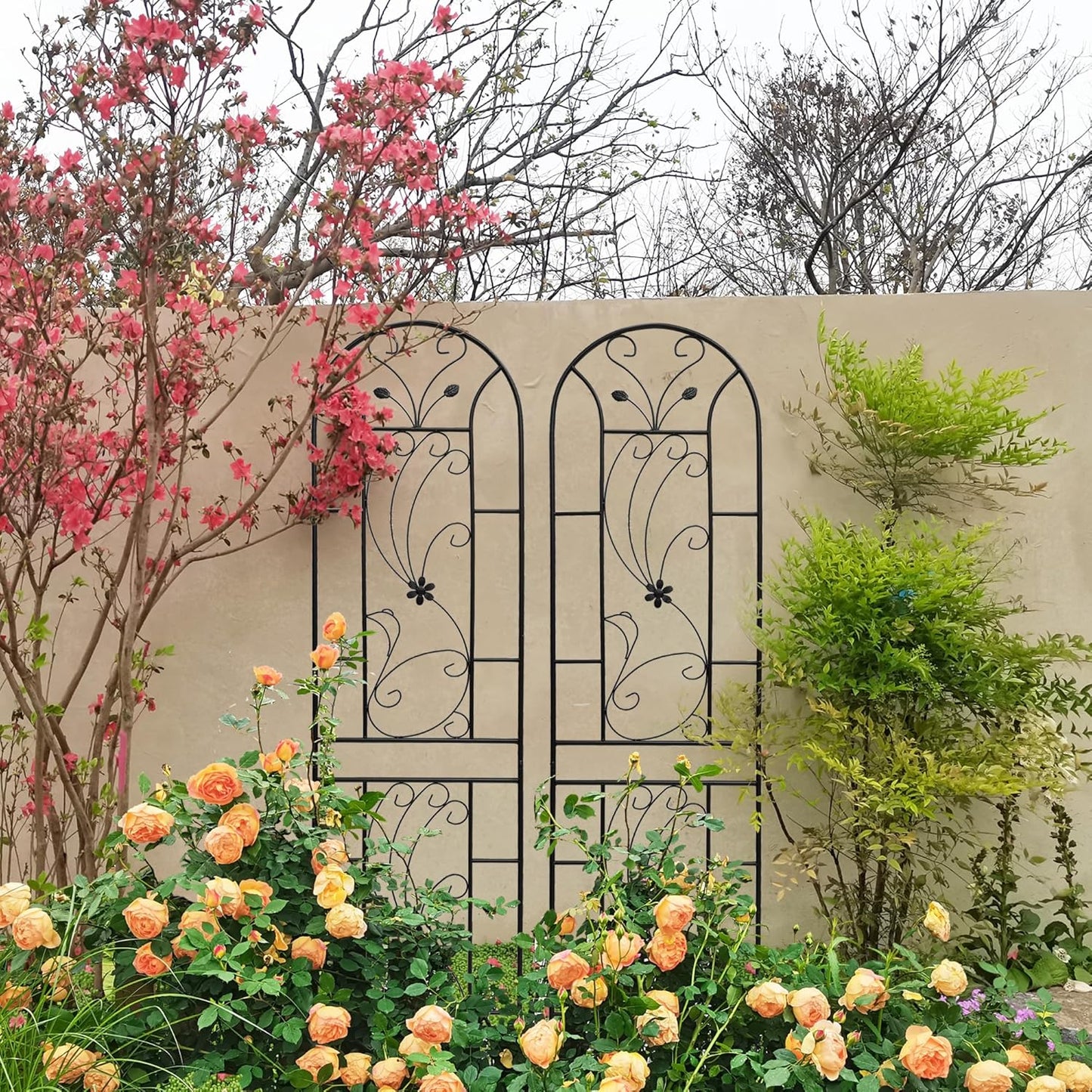 Metal Garden Trellis Rustproof Trellis for Climbing Plants Outdoor Flower Support Peacock Style (Black-4 Pack, 86.7"x19.7")