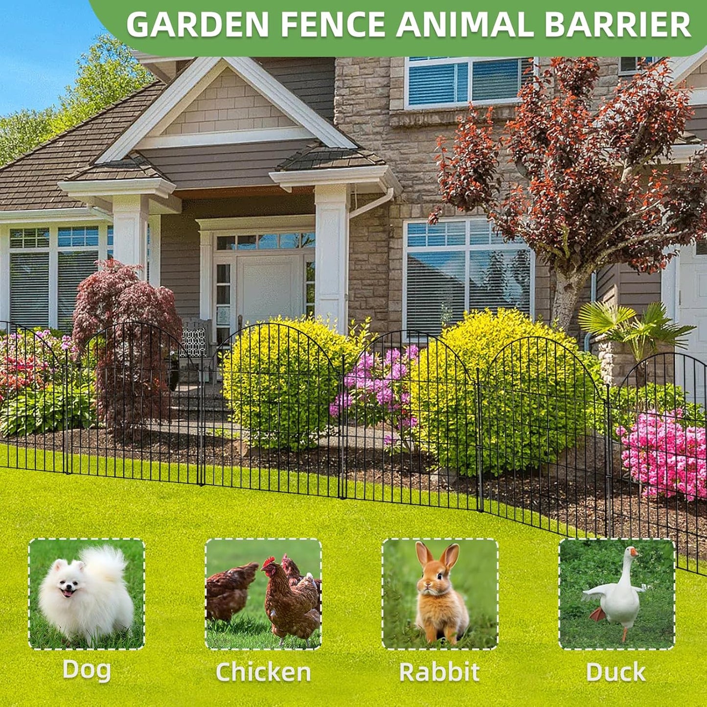 Decorative Metal Garden Fence with Gate Lock 5 Panels, 32in (H) x 11.8ft (L) No Dig Dog Fence Outdoor for Yard, Temporary Rustproof Metal Wire Rabbit Dog Garden Border Fencing for Patio