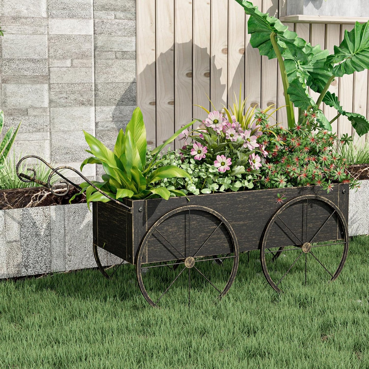 Small Raised Garden Bed Outdoor with Wagon Wheels, Metal Wagon Planter Box, Decorative Garden Planter for Flowers Herbs Vegetables, Flower Cart for Patio, Balcony (Retro Gold)