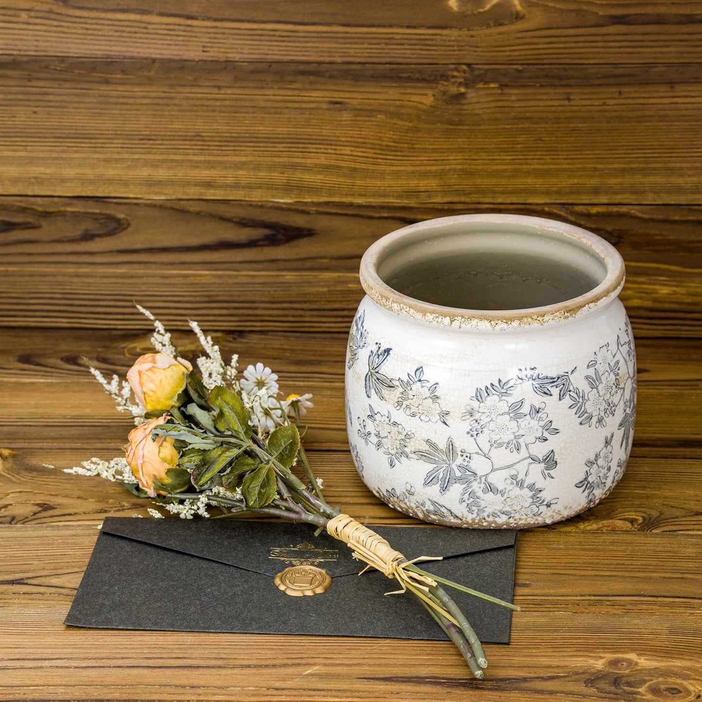 Vintage Ceramic Ice Crack Flower Pot with Drainage Holes, Country Rustic Planters for Indoor and Outdoor,Tuscan Decor,Home,Living Room, Garden Decor, Gardening Gift (Farmhouse)