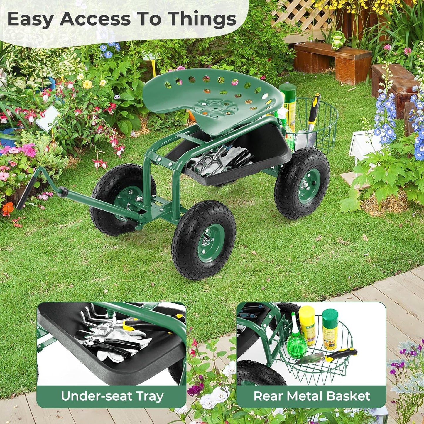 Rolling Garden Seat, Garden Stool with Wheels, Extendable Handle, Storage Basket & Tool Tray, Garden Scooter with 360 Degree Swivel Seat for Outdoor & Yard (Green)