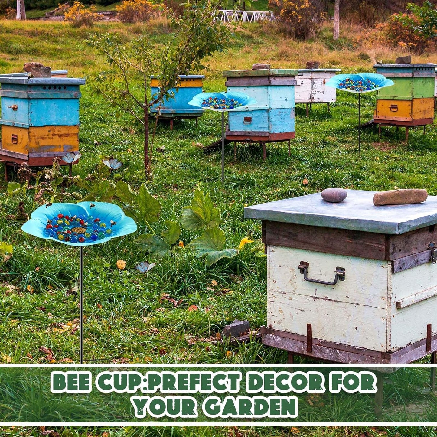 Tandefio Vivid Flower Bee Watering Station Metal Butterfly Water Feeder Cup with 30 Colorful Glass Marbles Bee Feeder Cup Butterfly Bath Bowl for Garden Outdoor Yard Decors(Blue,Flower)