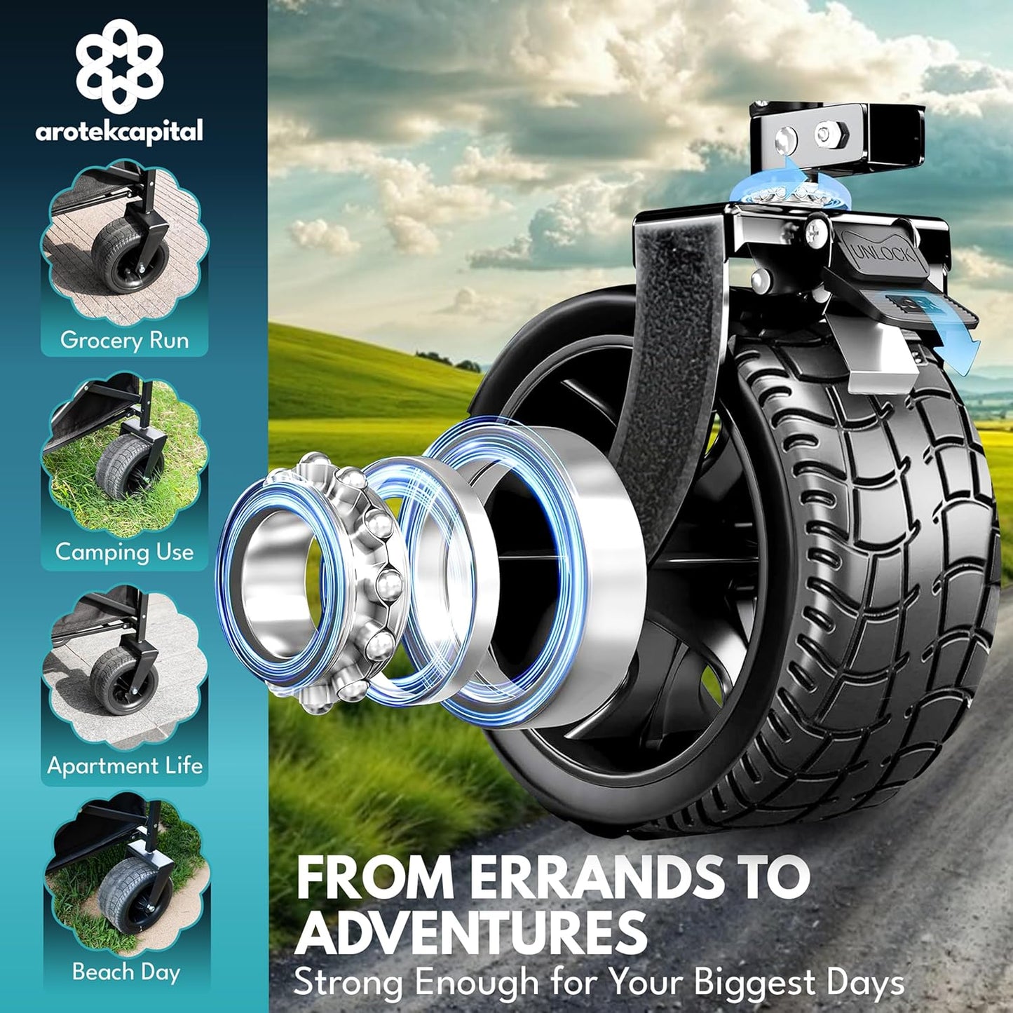 Collapsible Foldable Wagon Cart, 440lbs Heavy Duty Utility Wagon with All-Terrain Wheels, Folding Outdoor Cart with Brakes for Beach, Sports, Camping, Garden, Shopping – Black