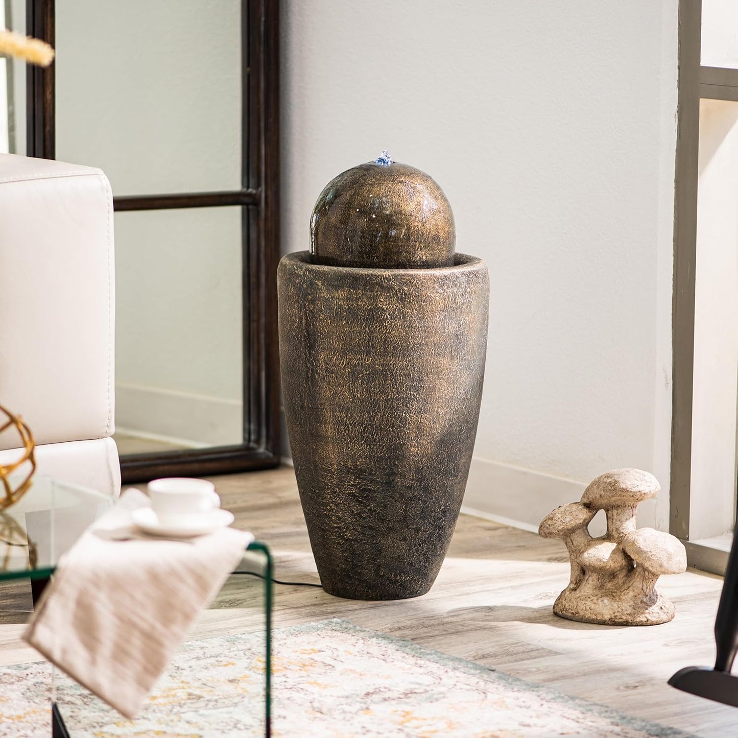 XBrand 25.98" H Round Stone Indoor/Outdoor Modern Stone Textured Sphere Water Fountain w/LED Lights, Ball Water Fountain Decor, Garden Sphere Fountain, Patio Fountain, Outdoor Fountain, Bronze