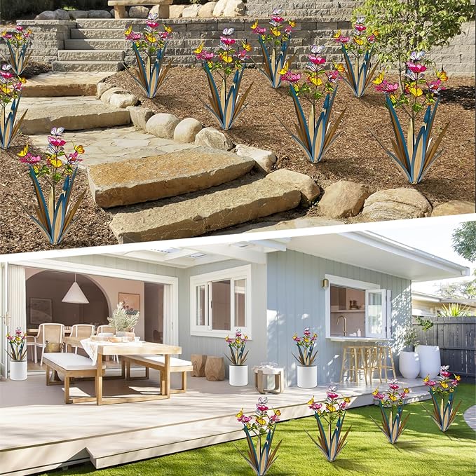 Garden Outdoor Butterfly Enlarge Thickened Wind Resistant Metal Agave Garden Art Metal Plant Country Sculpture Statue Decorations Ornaments Artificial Waterproof Butterflies(Blue 2pcs)