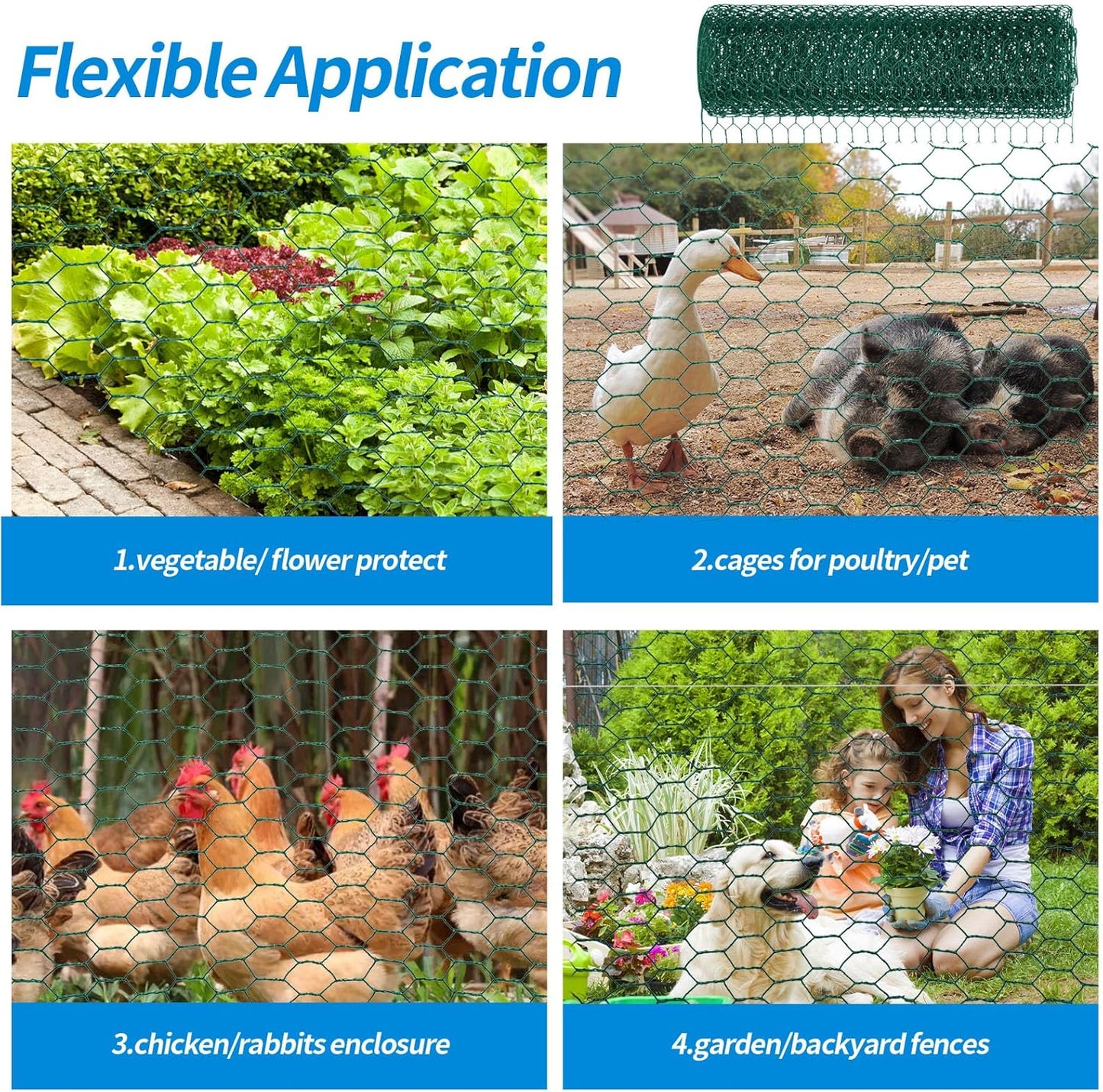 60'' x 150' Green Chicken Wire Fencing, 1 inch Chicken Wire and 20 Gauge Poultry Netting, Garden Mesh Fence Roll for Floral Arrangements/Crafts/Farm/Livestock/Pet Protection