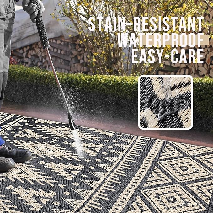 OLANLY Outdoor Rug Waterproof 9x18 ft, Reversible Outdoor Plastic Straw Rug, Boho Patio Rug, Indoor Outdoor Carpet, RV Mat Outside for Patio, Camp, Picnic, Balcony, Deck, Backyard, Black & Beige