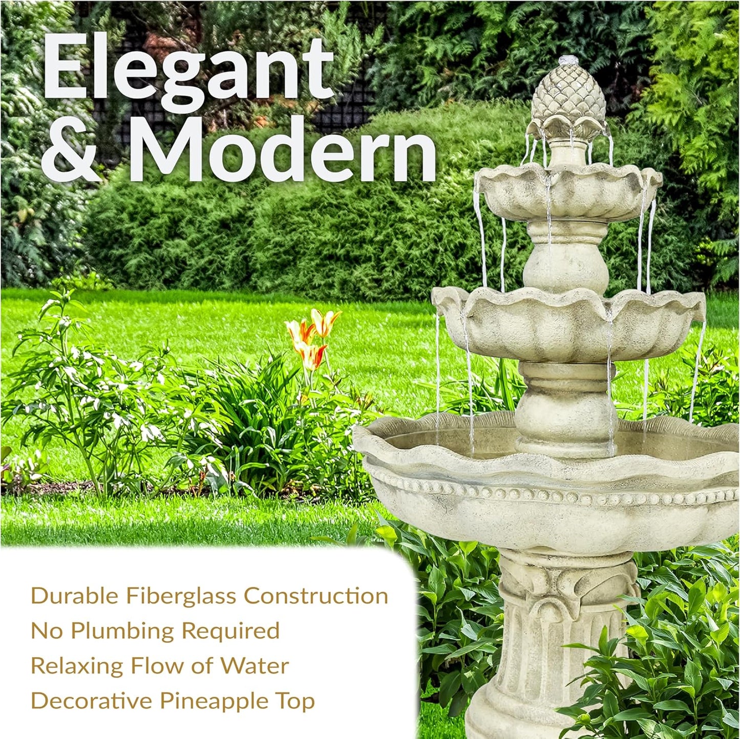 Sunnydaze 51-Inch Electric Water Fountain - Outdoor Water Feature - 3-Tier Outdoor Fountain with Pineapple Top - White