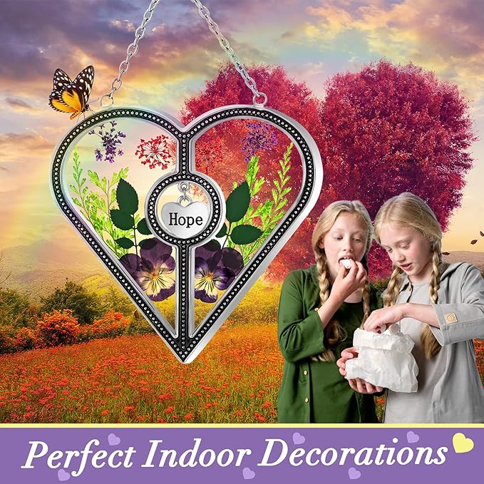 KY&BOSAM Heart Suncatcher Hope Stained Glass Panels for Windows Hangings Wind Chime with Pressed Real Flower Heart Embedded in Glass Friend Gifts- Birthday Gifts for Women Mother`s Day Christmas Decor
