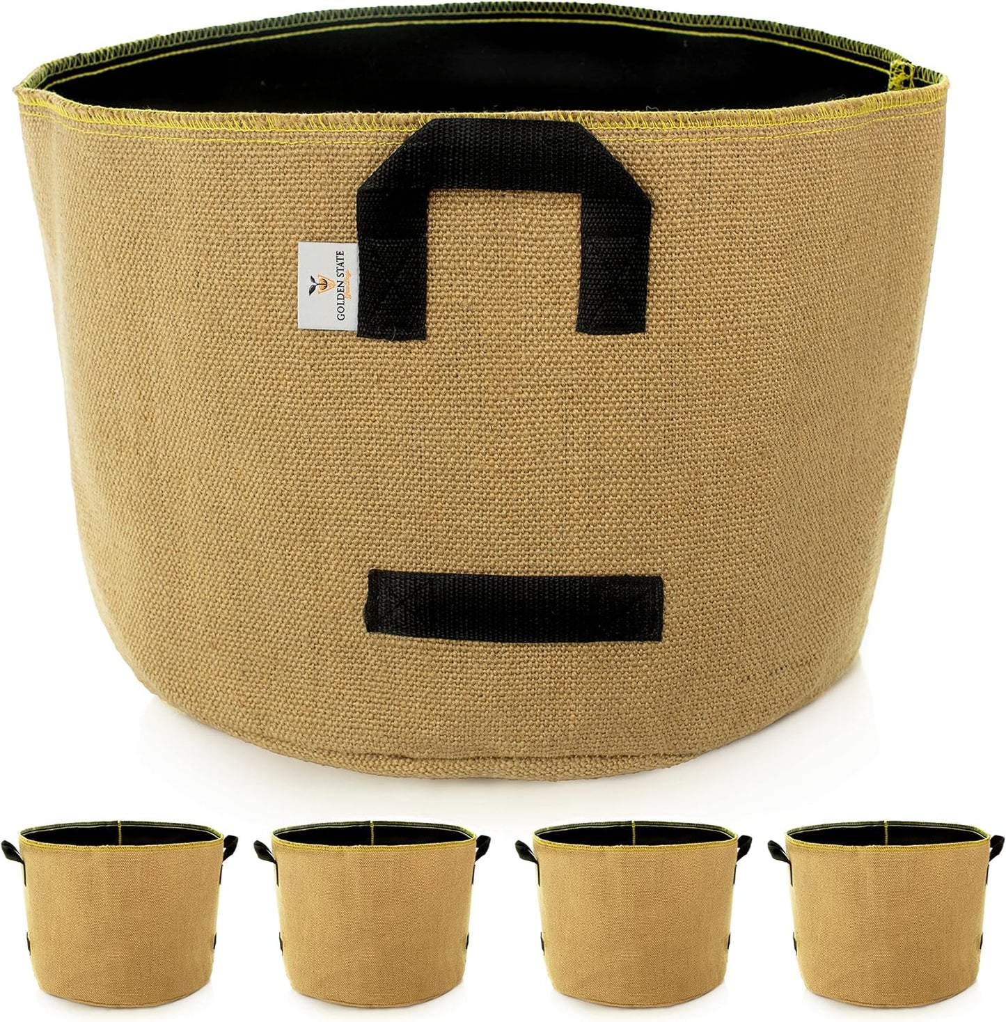 Grow Bags: 5-Pack (Size: 20 Gallon): Thick Jute Material + Inside Felt Fabric Liner, w/Yellow Stitch. Very Biodegradable and eco-Friendly Material. (Handles + Dumping Handles-pat.Pend).