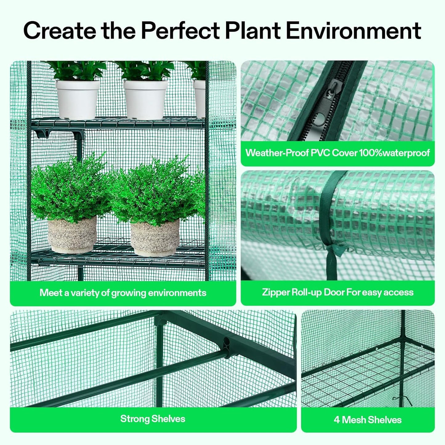 VIVOSUN Mini 4-Tier Greenhouse with Wheels, 27 x 19 x 63-Inch Reusable Portable Warm House with Green PE Cover and Shelf for Compact Garden and Small Backyards, with Wheels