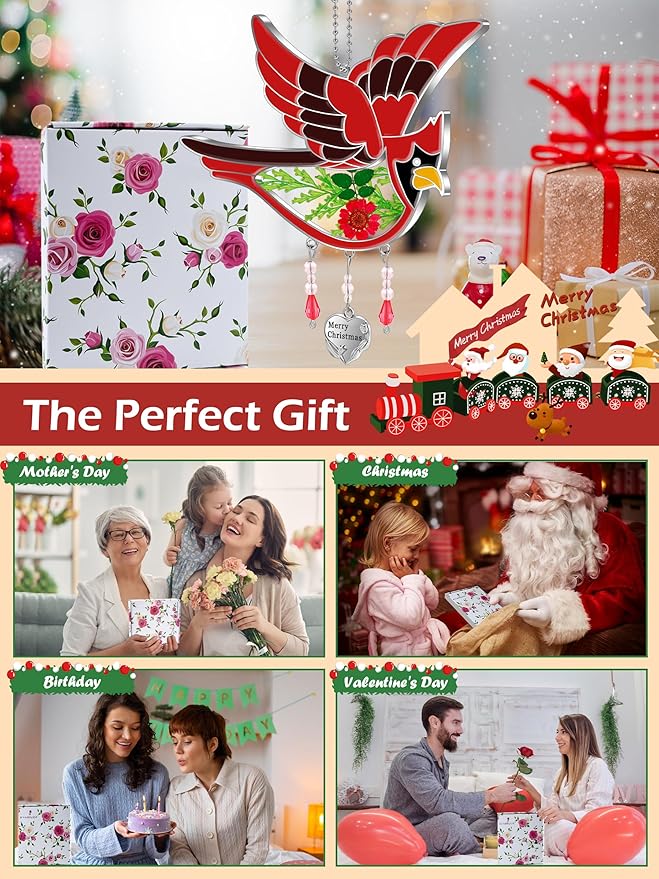 KY&BOSAM Cardinal Suncatcher Merry Christmas Hanging Ornament for Windows Sun Catchers with Pressed Real Flower in Glass and Heart Charm Birthday Gifts for Women Mom Grandma Nana Christmas Day Gifts