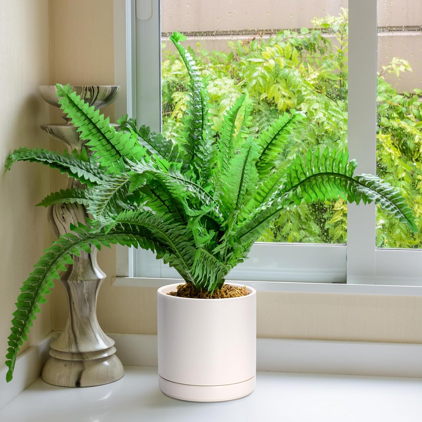 D'vine Dev Set of 2 Plants Pots, 8.2 Inch Ceramic Planter Pot for Plants with Drainage Hole and Saucer, Oatmeal, 94-V-D-8