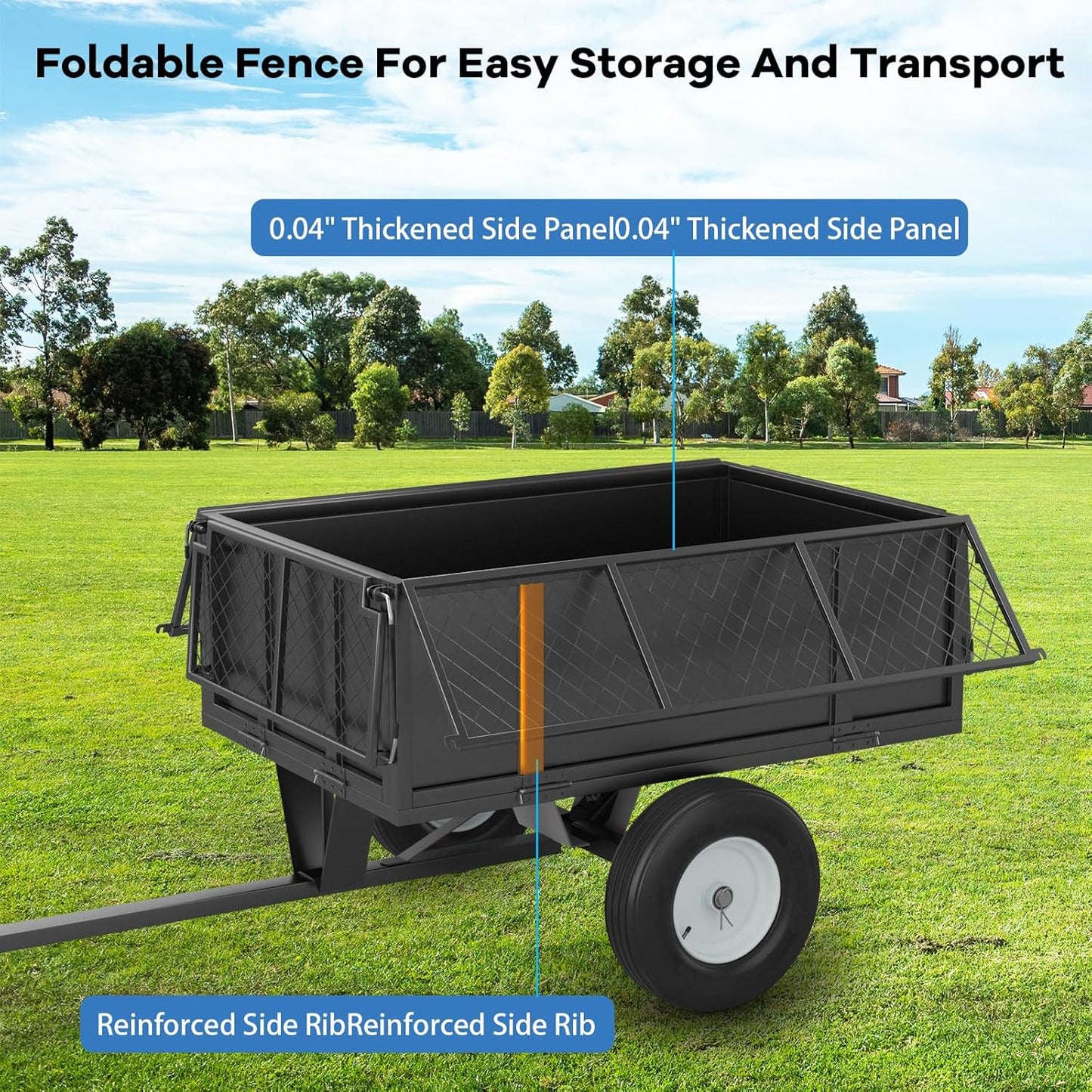 750 Lbs Capacity ATV/UTV Dump Trailer – 15 Cu. Ft. Heavy-Duty Steel Utility Cart with Removable Sides, Universal Hitch, Hand/Foot Lever Dump, for Lawn Tractor & Riding Mower