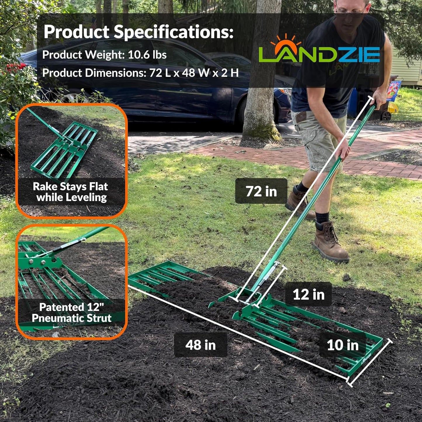 Landzie AeroLeveler - The Lawn Leveling Rake That Never Flips - Patented inch Wide Pneumatic Lawn Level for Yard, Dirt, Soil, Sand, Provides Stability and Control (Pneumatic 48" Leveling rake)