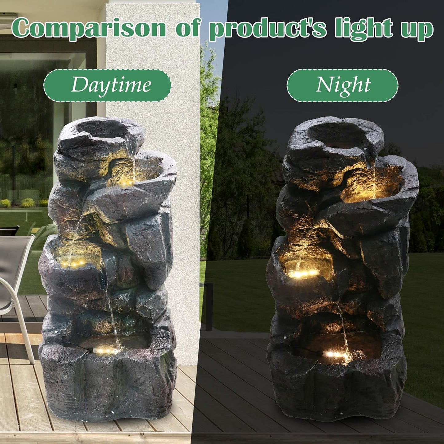 4-Tiers Cascading Rock Outdoor Water Fountain with LED Light, Standing Cascading Water Feature Faux Stacked Stones Waterfalls Decor for Garden Patio Yard and Lawn (Deep Grey)
