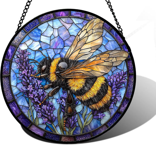 Stained Glass Window Hanging, Bee Lavender Sun Catchers Diamond Glass Panel Hangings Insect Suncatcher Decor for Birthday for Women, Men, Wife, Aunt, and Mom 6.3 in