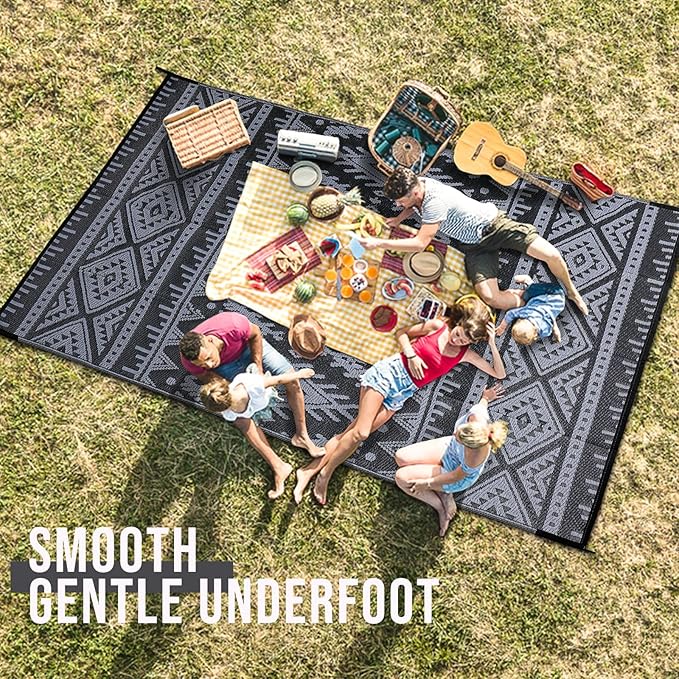 OLANLY Outdoor Rug Waterproof 8x10 ft, Reversible Outdoor Plastic Straw Rug, Boho Patio Rug, Indoor Outdoor Carpet, RV Mat Outside for Patio, Camp, Picnic, Balcony, Deck, Backyard, Black & Grey