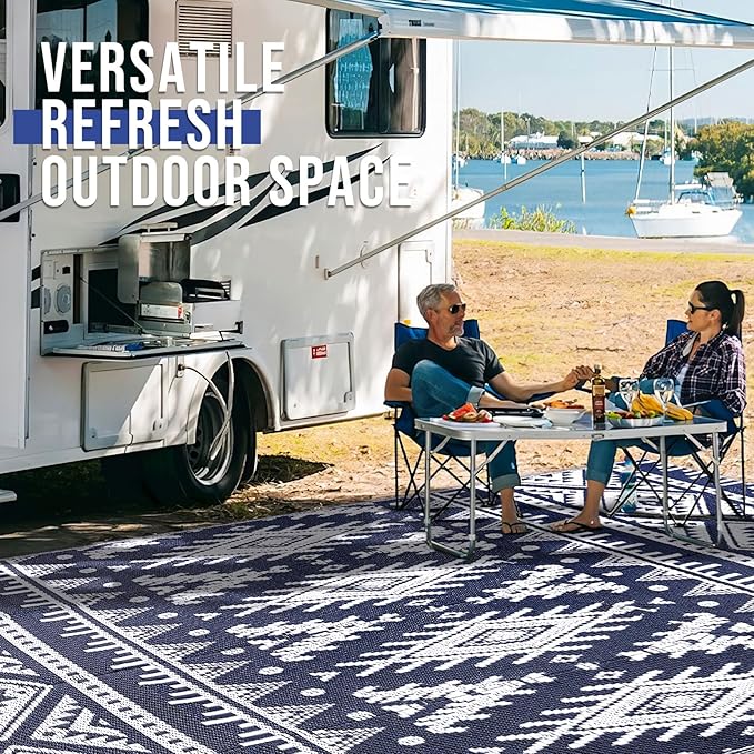 OLANLY Outdoor Rug Waterproof 5x8 ft, Reversible Outdoor Plastic Straw Rug, Boho Patio Rug, Indoor Outdoor Carpet, RV Mat Outside for Patio, Camp, Picnic, Balcony, Deck, Backyard, Navy & White