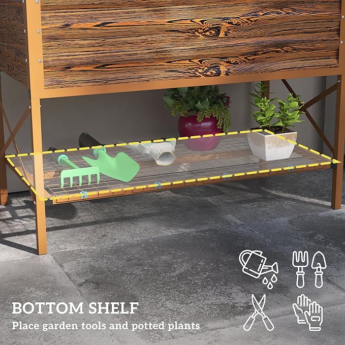 Outsunny Raised Garden Bed with Galvanized Steel Frame, Storage Shelf and Bed Liner, Elevated Planter Box with Legs for Vegetables, Flowers, Herbs, Dark Brown