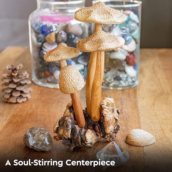 Curawood Wooden Mushrooms Sculpture for an Ornate Touch - Handcrafted 9" Mushroom Statue with Intricate Details - Authentic Garden Mushrooms Decorative Centerpiece - Artisan Cottagecore Mushroom Decor