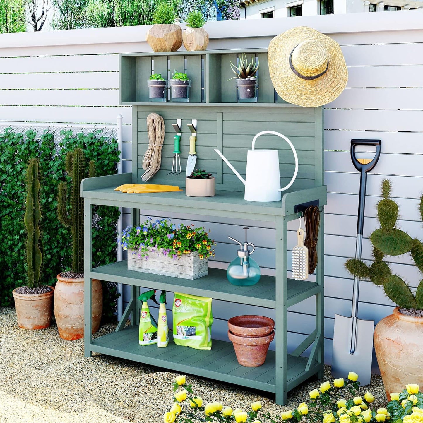 65" Wooden Potting Bench with 4 Shelves & Side Hook - Farmhouse Style Outdoor Garden Workstation (Green + Solid Wood + NaturalWood Color-1)