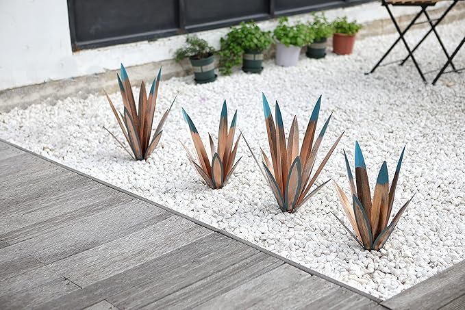 Large Tequila Rustic Sculpture, Rustic Metal Agave Plants for Outdoor Patio Yard, Home Decor Hand Painted Metal Agave Garden Yard Statue, Outdoor Lawn Ornaments (3 Big)