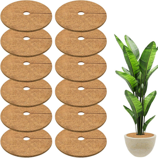 ZeeDix 12 Pack 12 Inch Coconut Fiber Mulch Ring, 100% Natural Coco Coir Tree Ring Mulch Mat Plant Protector Mat, Coconut Coir Discs Plant Pot Soil Cover for Indoor Outdoor Plants, Garden Decoration
