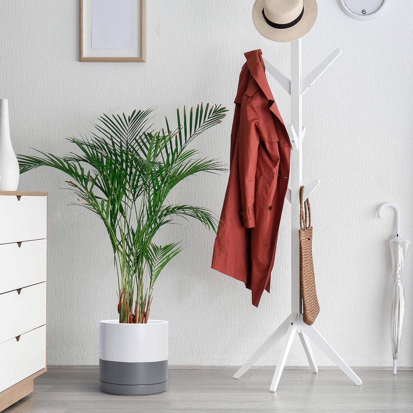 D'vine Dev Set of 2 Plants Pots, 10 Inch Ceramic Planter Pot for Plants with Drainage Hole and Saucer, White/Speckled Grey, 94-V-E-6