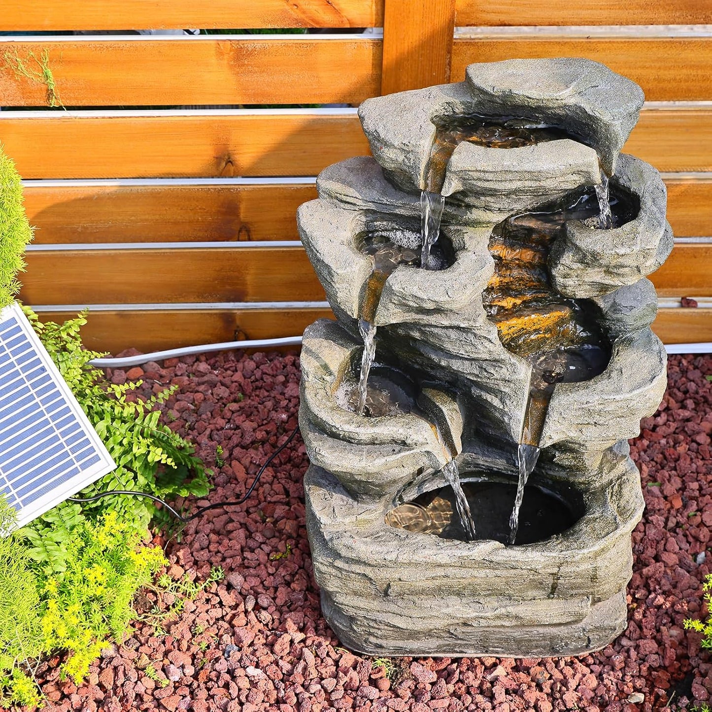 6 Tier Cascading Rock Solar Water Fountain Outdoor Garden Waterfall Decor for Garden, Patio, Backyard, Deck, Porch and Home Art Decor,24.4" H Outdoor Fountain with LED Lights