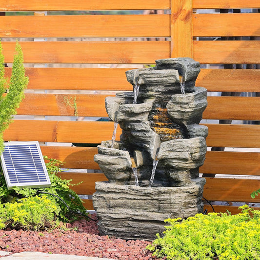 6 Tier Cascading Rock Solar Water Fountain Outdoor Garden Waterfall Decor for Garden, Patio, Backyard, Deck, Porch and Home Art Decor,24.4" H Outdoor Fountain with LED Lights