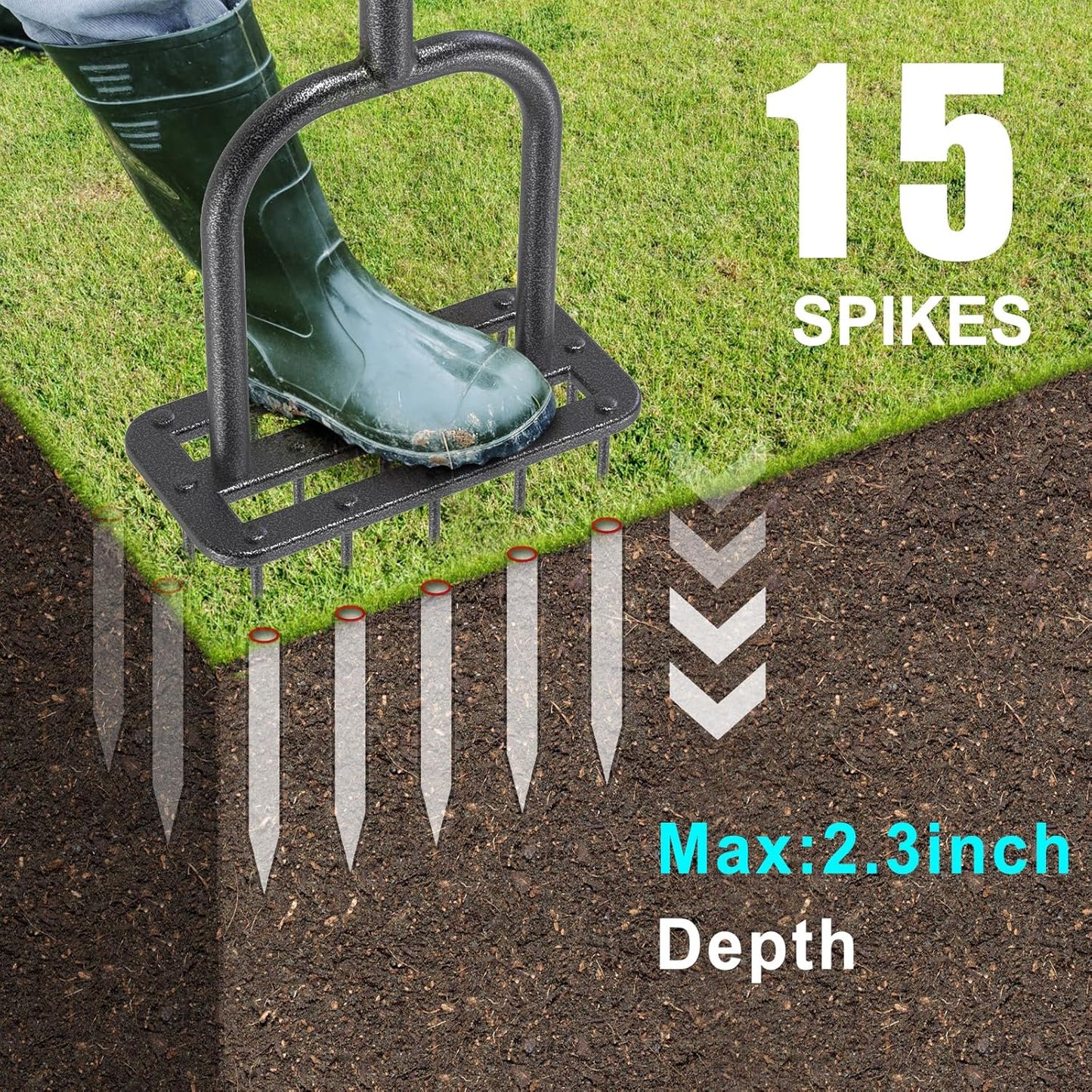 BeneLabel Lawn Aerator Spike Manual Tool with 15 Metal Spikes Grass Aerators for Yard with Wide Foot Plate & Soft Rubber T-Handle Revives Lawn Health, Loosening Soil