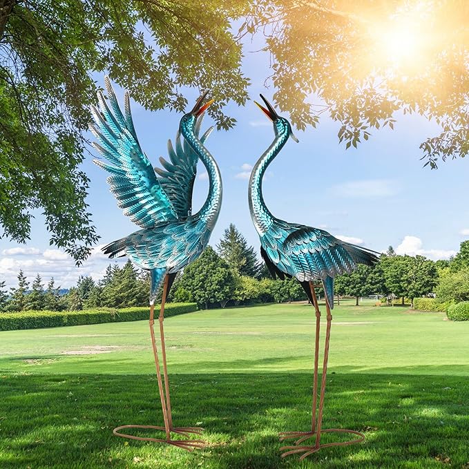 chisheen Crane Garden Statues Outdoor Metal Heron Yard Art Crane for Garden Sculptures Patio Lawn Ornaments,Set of 2