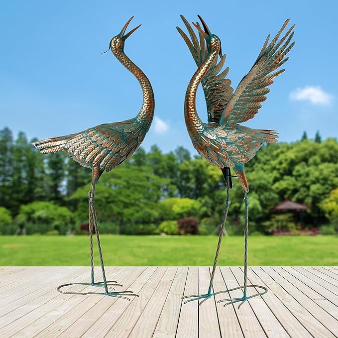 chisheen Crane Garden Statues Outdoor Metal Heron Yard Art Crane for Garden Sculptures Patio Lawn Ornaments,Set of 2