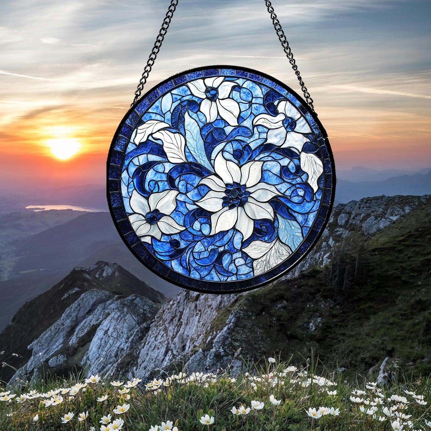 Stained Glass Window Hanging - Blue White Flowers Suncatcher for Doors Garden Patio Boho Style Sun Catchers Decor Christmas Mother's Day Birthday Gifts for Women Men Mom Nana Friend 11.8 in